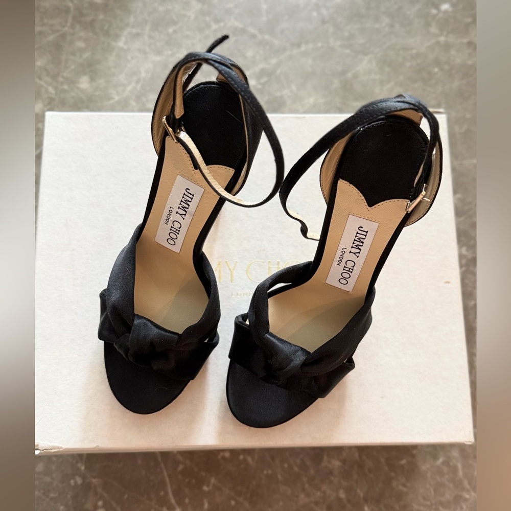 Jimmy Choo Black Satin Knotted Open-Toe Ankle-Strap Heels NWOT